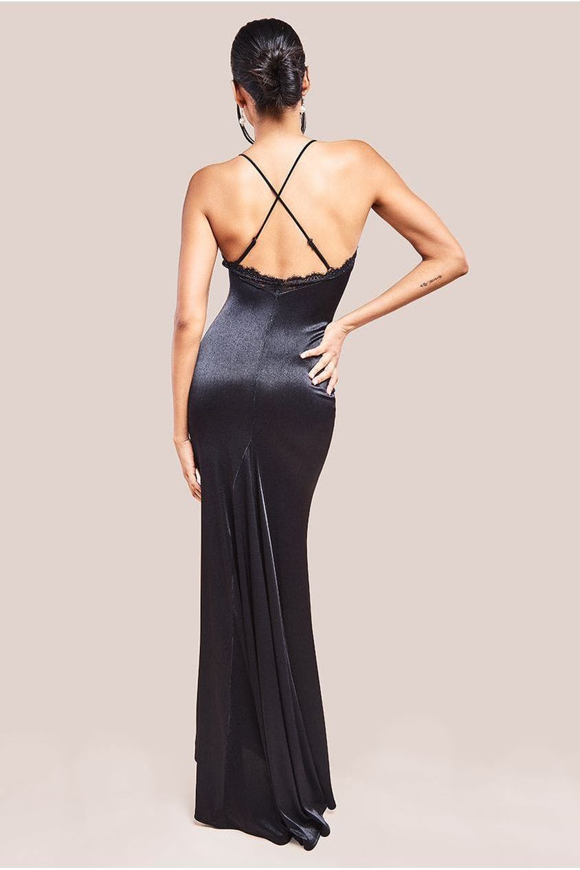 Goddiva Lace Neck Satin Twill Maxi Dress - Black