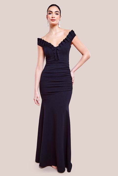 Goddiva Off The Shoulder Frill Gathered Maxi Dress - Black