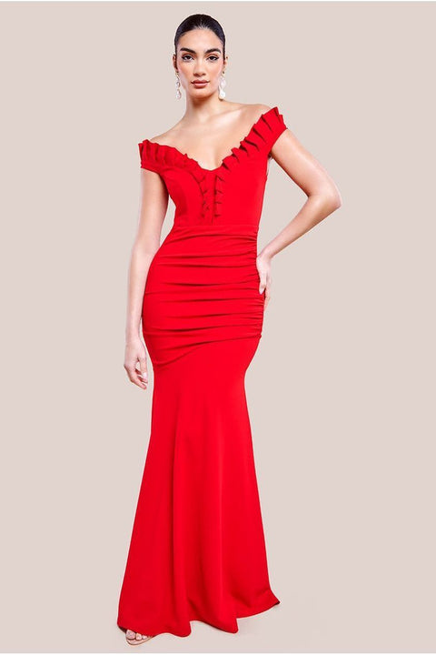 Goddiva Off The Shoulder Frill Gathered Maxi Dress - Red