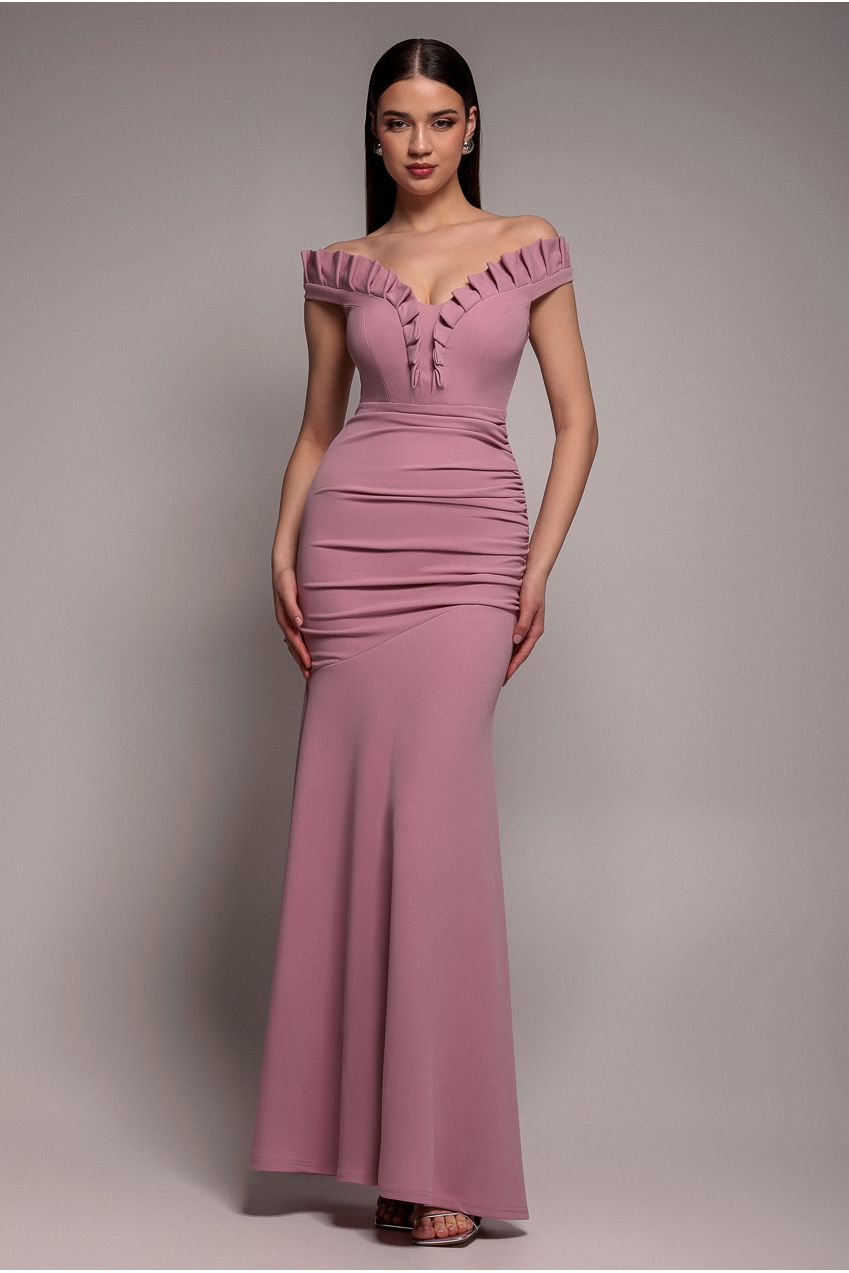 Off The Shoulder Frill Gathered Maxi Dress - Rose Pink