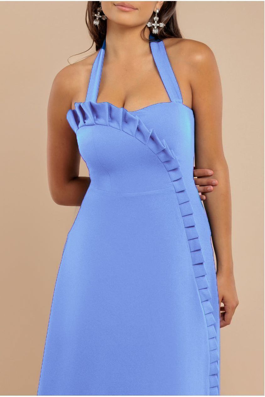Goddiva Frilled Halter Neck Strap Midi Dress - Cornflower Blue