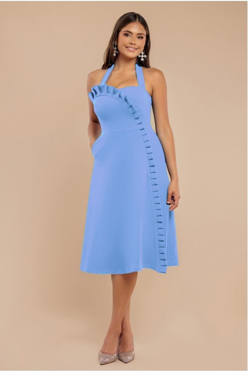 Goddiva Frilled Halter Neck Strap Midi Dress - Cornflower Blue