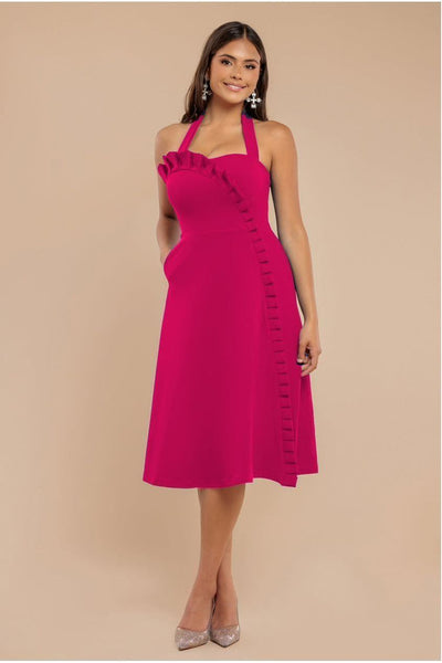 Magenta - Goddiva Frilled Halter Neck Strap Midi Dress - Magenta