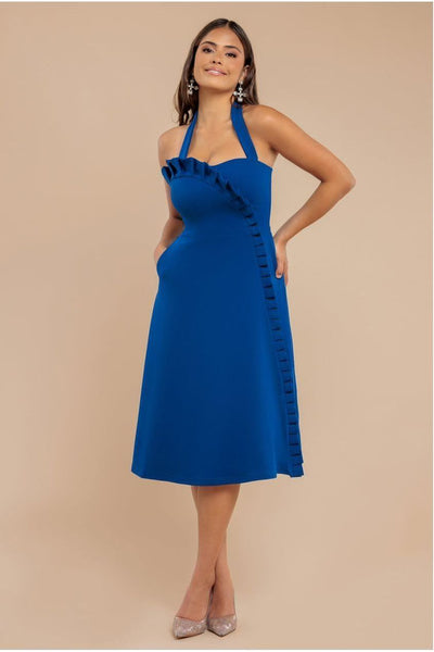 RoyalBlue - Goddiva Frilled Halter Neck Strap Midi Dress - Royal Blue