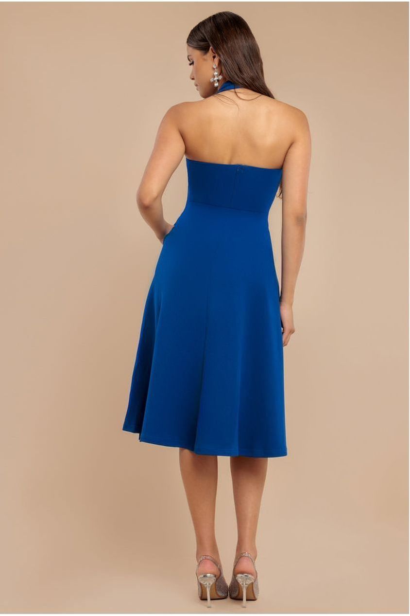 Goddiva Frilled Halter Neck Strap Midi Dress - Royal Blue