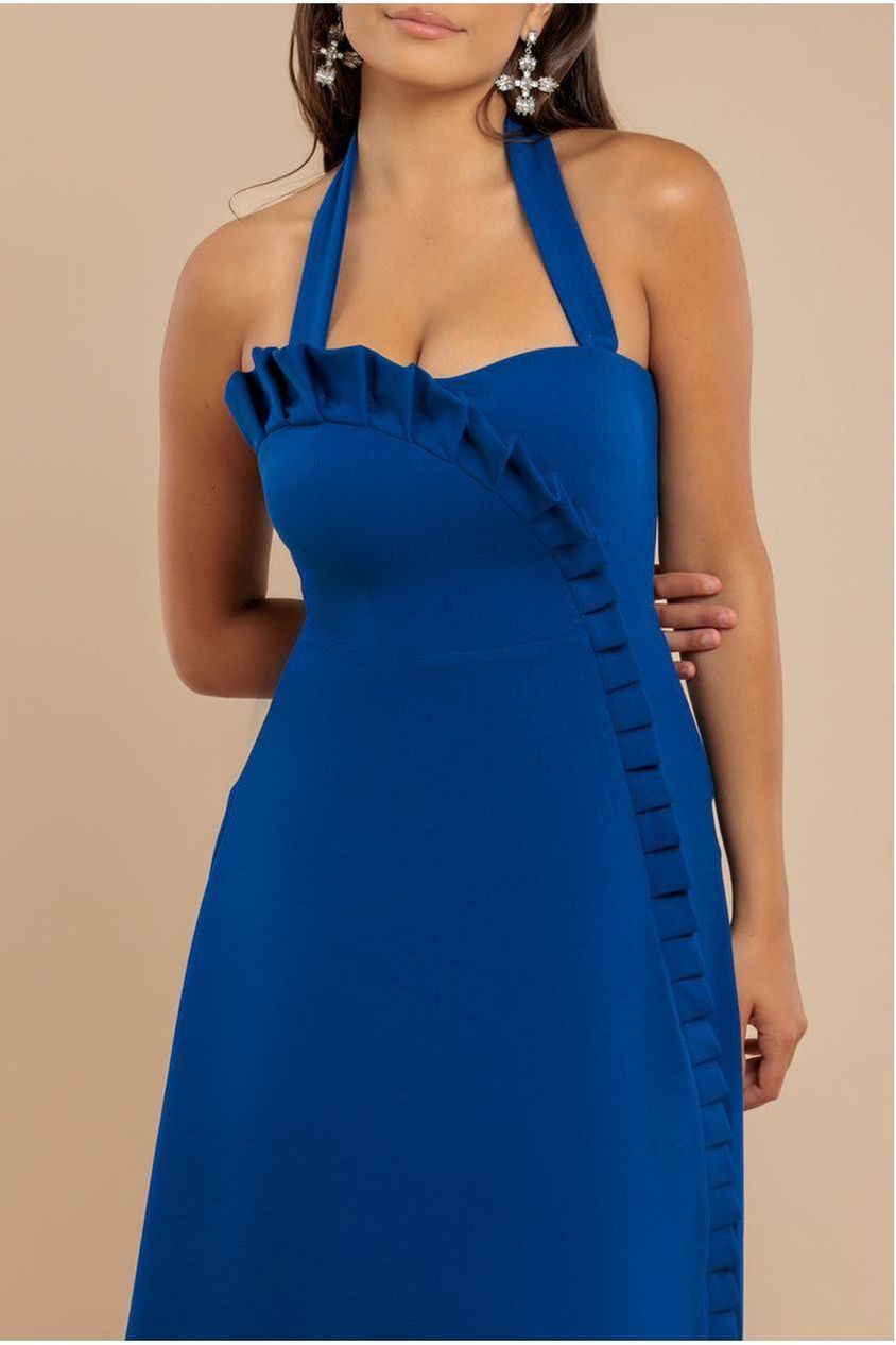 Goddiva Frilled Halter Neck Strap Midi Dress - Royal Blue