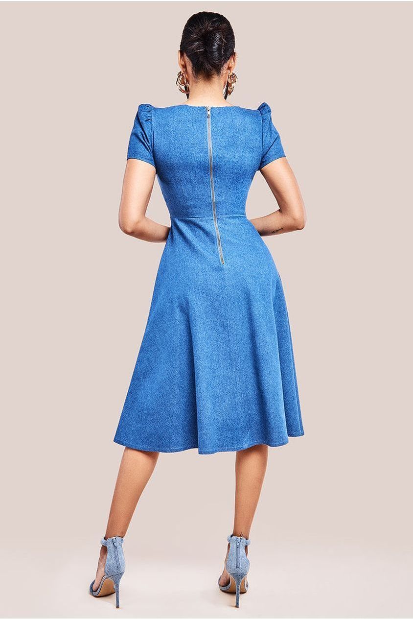 Goddiva Denim Front Frill Flared Midi Dress - Blue Denim