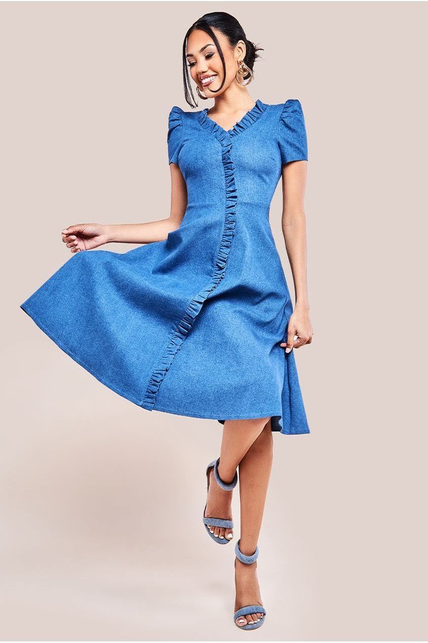 Goddiva Denim Front Frill Flared Midi Dress - Blue Denim