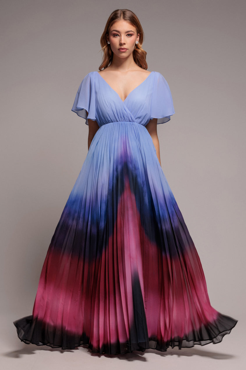 Goddiva Wavy Ombre A-Line Chiffon Maxi Dress - Blue