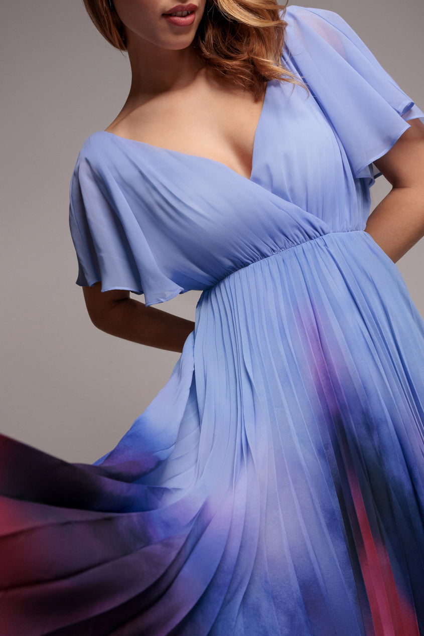 Goddiva Wavy Ombre A-Line Chiffon Maxi Dress - Blue