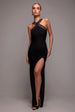 Goddiva Ribbed Criss Cross Halter Neck Maxi Dress With Thigh Split - Black