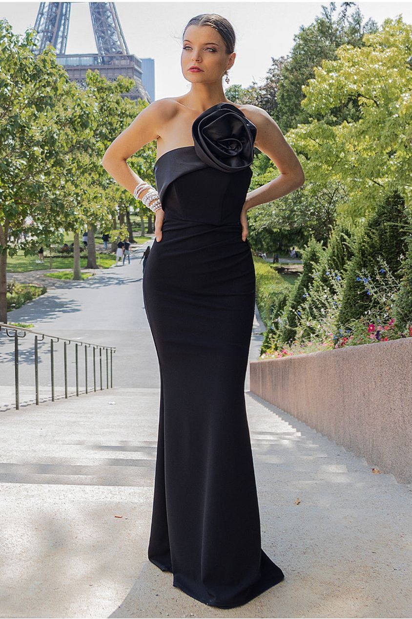 Goddiva Satin Corsage Scuba Crepe Maxi Dress - Black