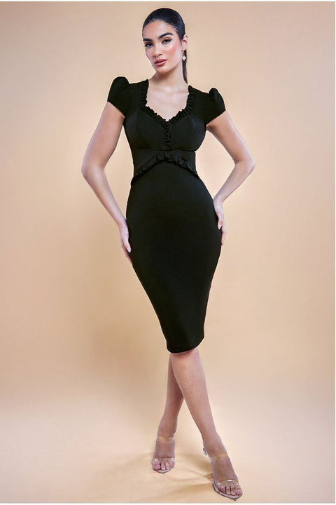Goddiva Cap Sleeve Frill Edge Midi Dress - Black