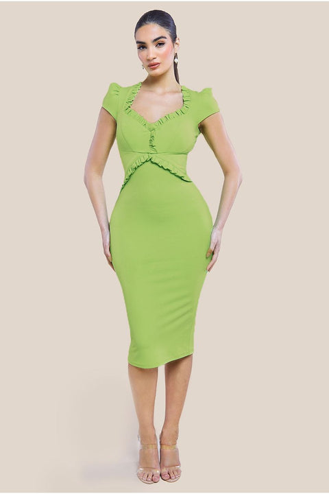 Goddiva Cap Sleeve Frill Edge Midi Dress - Lime Green