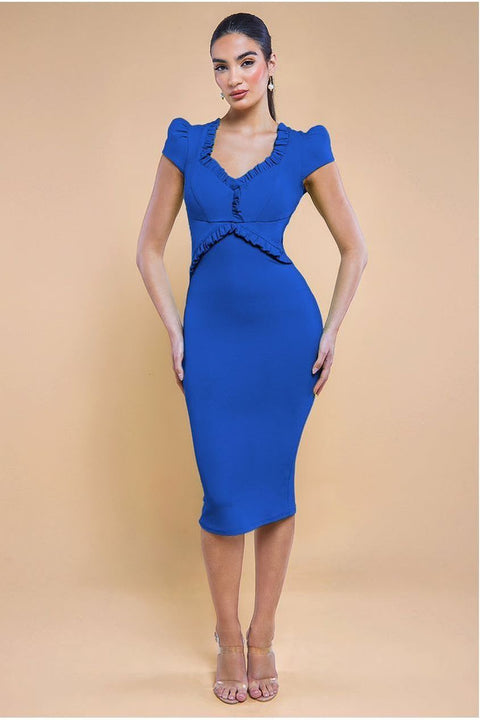Goddiva Cap Sleeve Frill Edge Midi Dress - Royal Blue