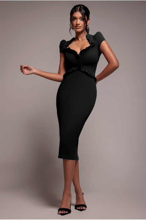 Goddiva Cap Sleeve Frill Edge Midi Dress - Black
