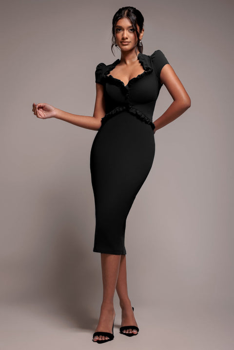 Goddiva Cap Sleeve Frill Edge Midi Dress - Black