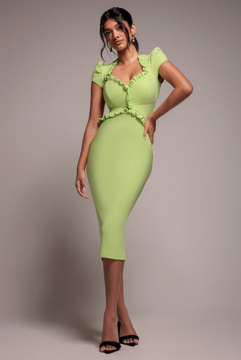 Goddiva Cap Sleeve Frill Edge Midi Dress - Lime Green