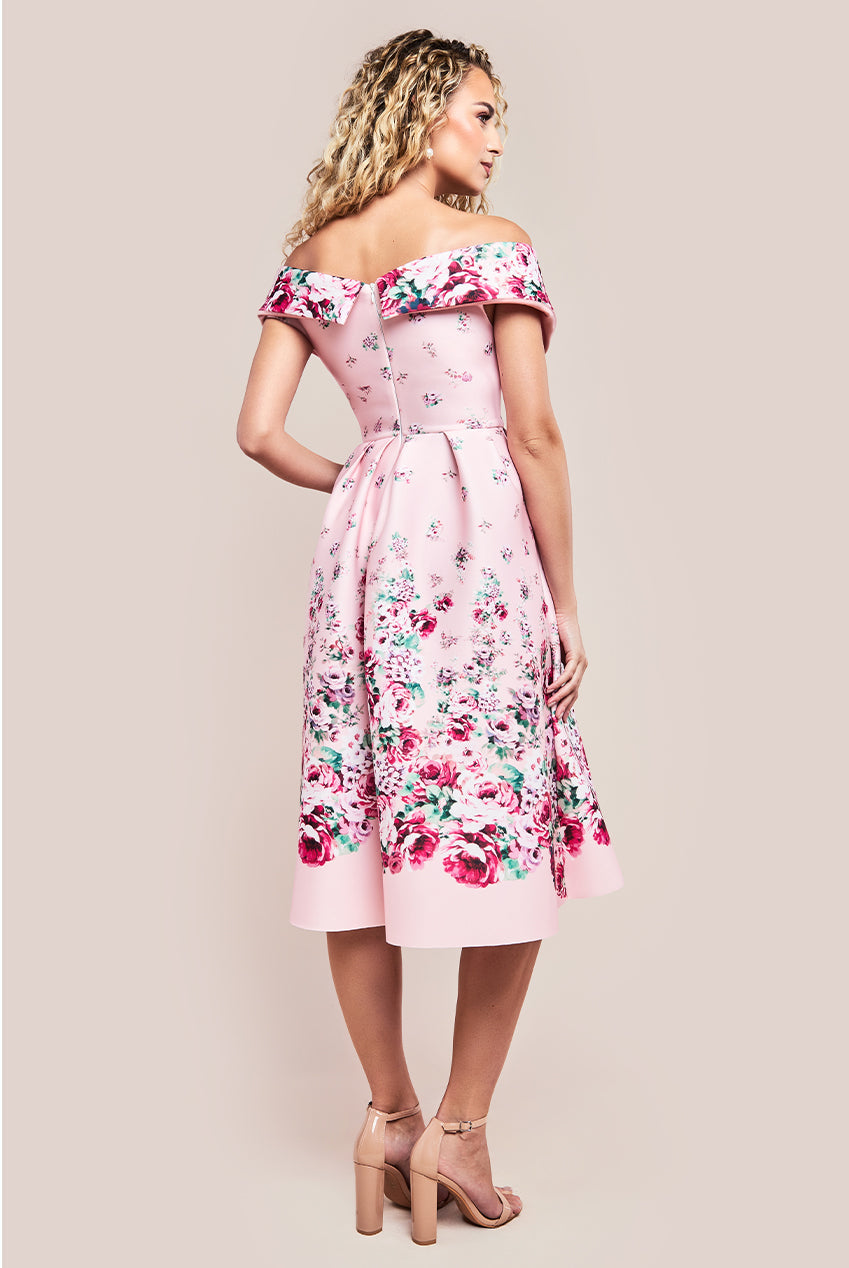 Goddiva Bardot Floral Print A-Line Scuba Foam Midi Dress - Blush