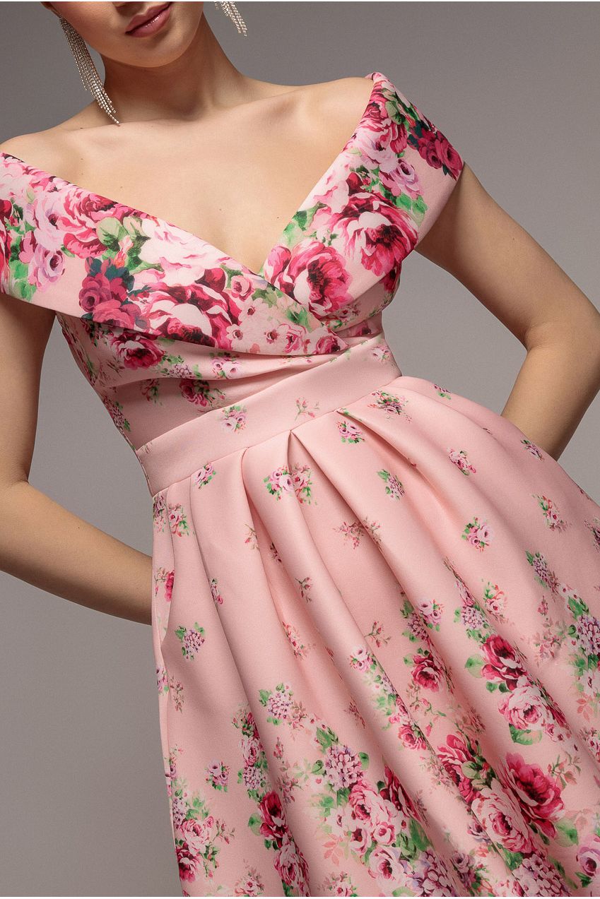 Goddiva Bardot Floral Print A-Line Scuba Foam Midi Dress - Blush
