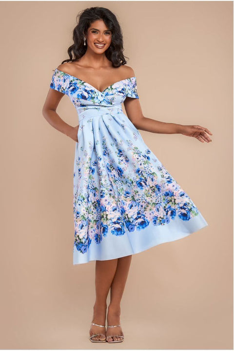 Goddiva Bardot Floral Print A-Line Scuba Foam Midi Dress - Blue
