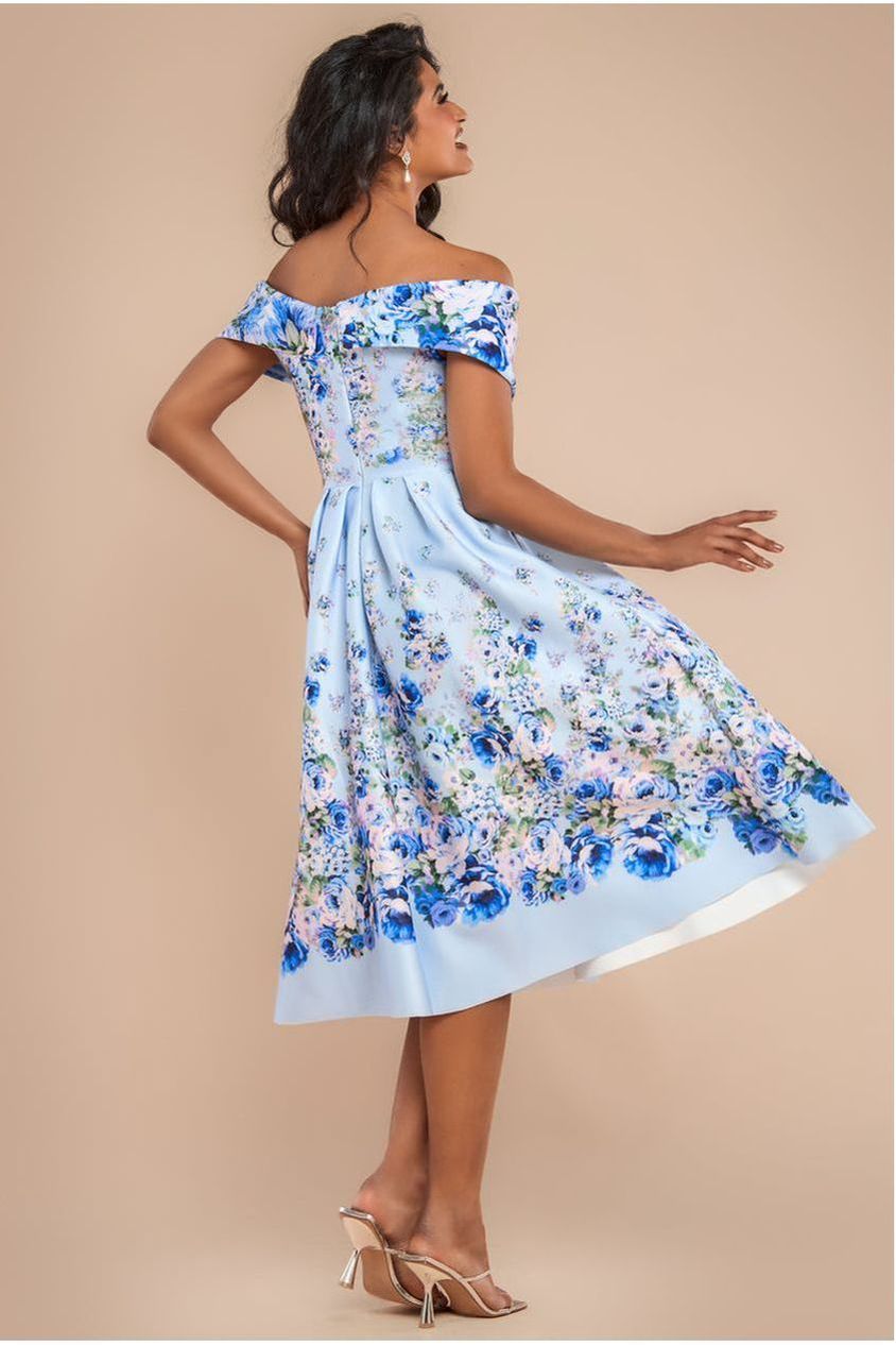 Goddiva Bardot Floral Print A-Line Scuba Foam Midi Dress - Blue