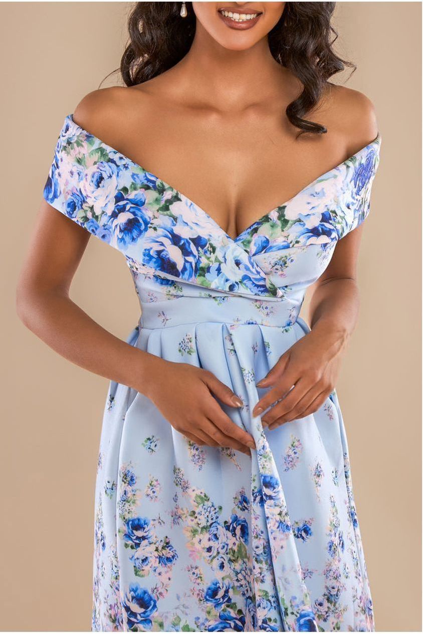 Goddiva Bardot Floral Print A-Line Scuba Foam Midi Dress - Blue