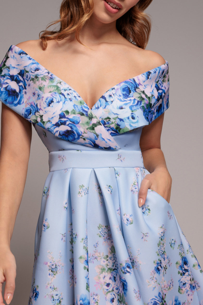 Goddiva Bardot Floral Print A-Line Scuba Foam Midi Dress - Blue