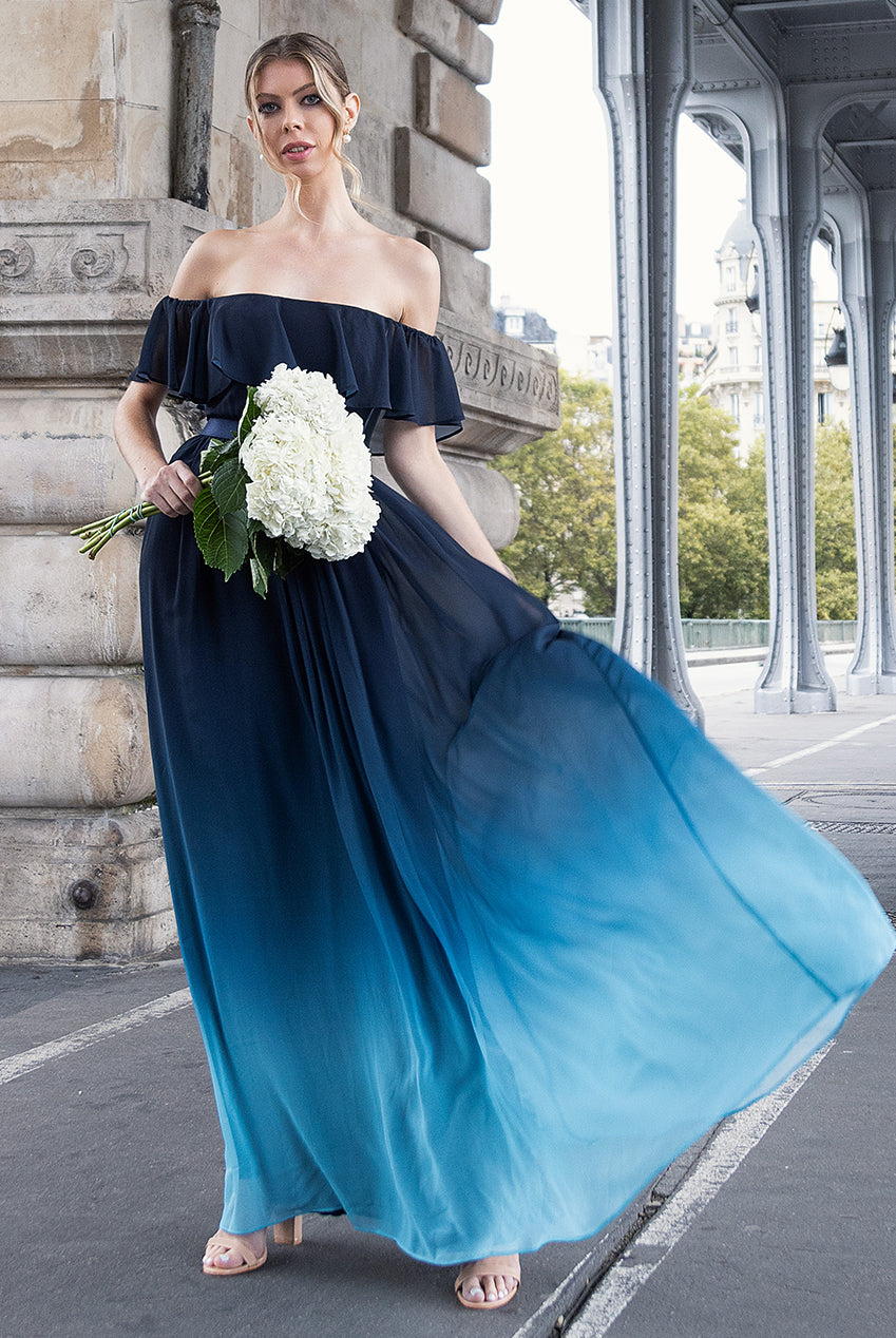 Goddiva Ombre Chiffon Bardot Frill A-line Maxi Dress - Navy Ombre