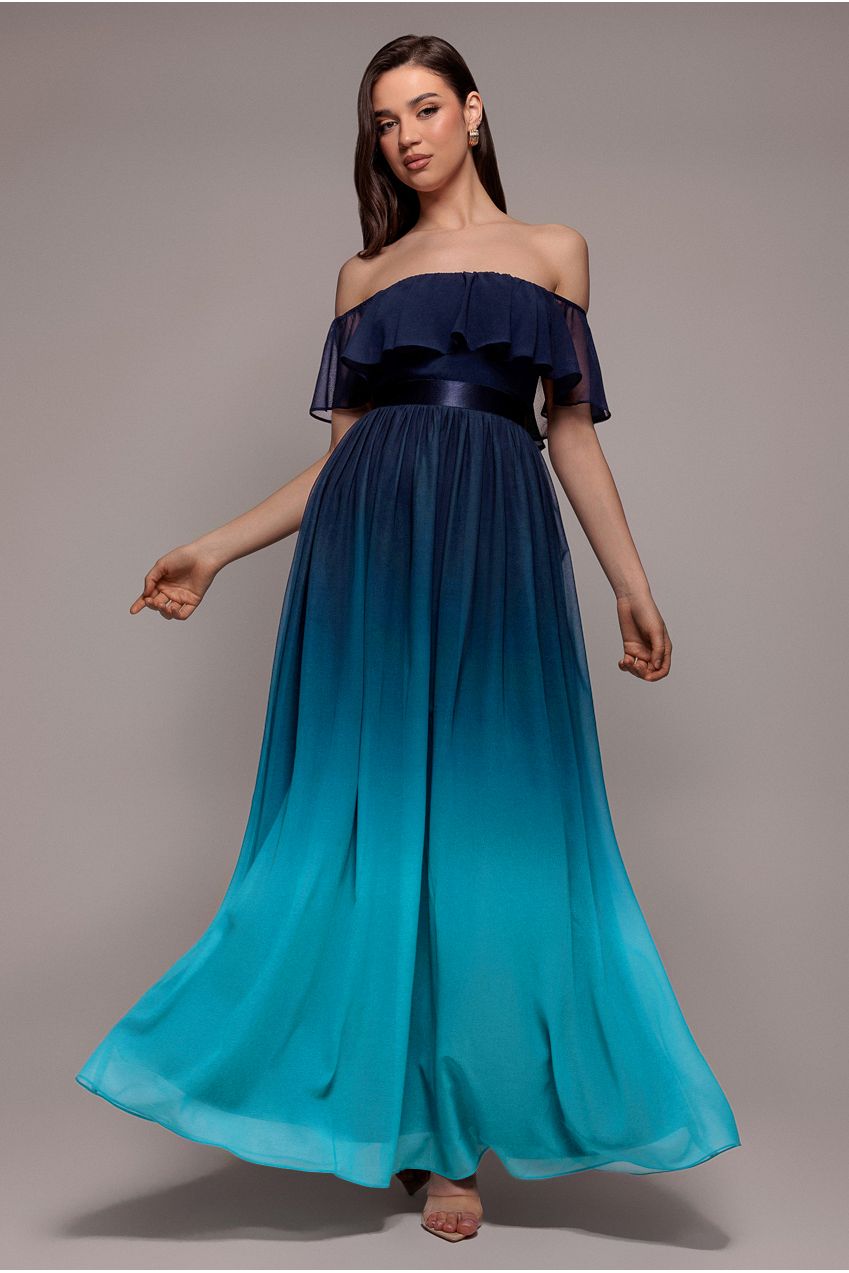 Goddiva Ombre Chiffon Bardot Frill A-line Maxi Dress - Navy Ombre