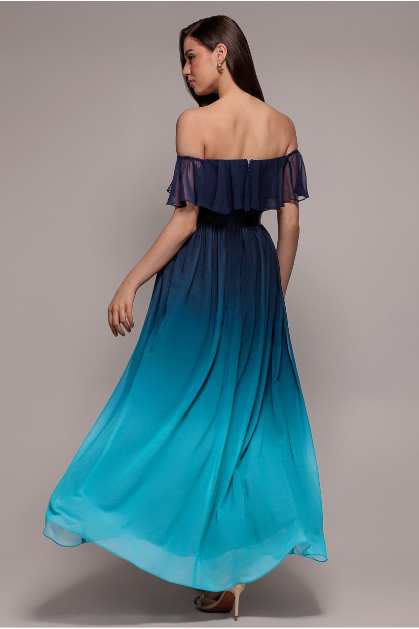 Goddiva Ombre Chiffon Bardot Frill A-line Maxi Dress - Navy Ombre