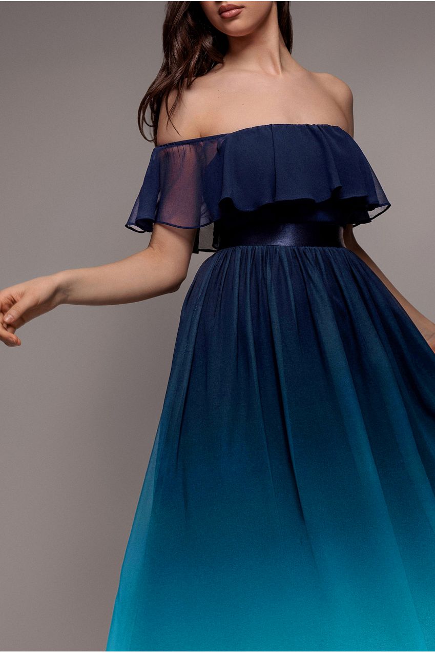 Goddiva Ombre Chiffon Bardot Frill A-line Maxi Dress - Navy Ombre