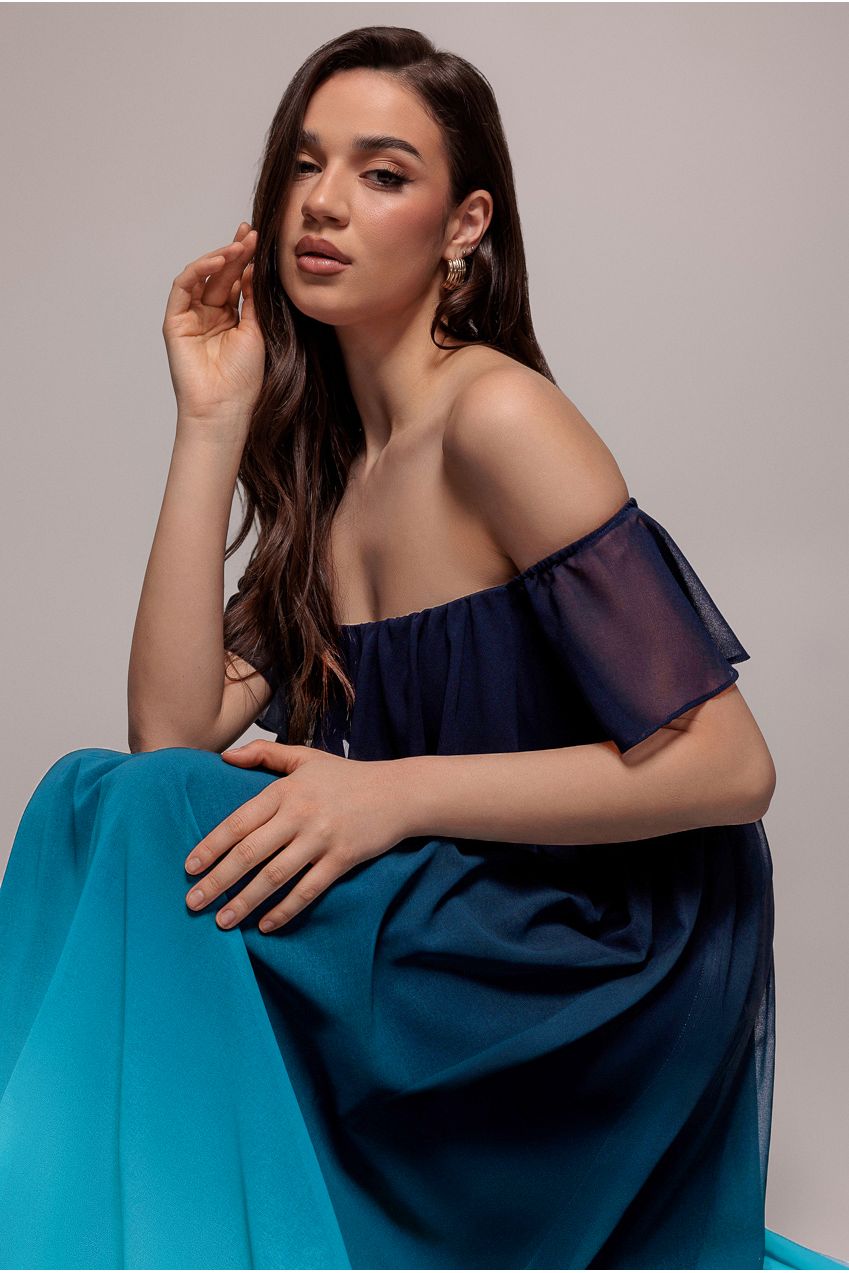 Goddiva Ombre Chiffon Bardot Frill A-line Maxi Dress - Navy Ombre