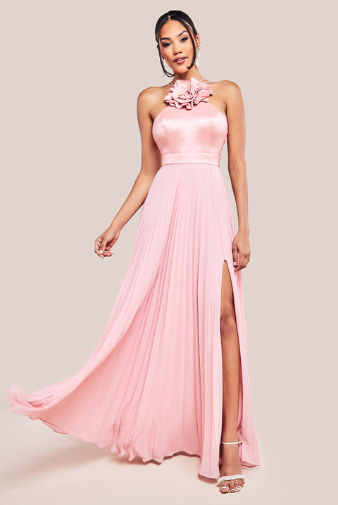 Goddiva Pleated Chiffon Corsage Halter Strappy Maxi Dress - Pink