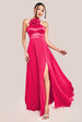 Goddiva Pleated Chiffon Corsage Halter Strappy Maxi Dress - Magenta