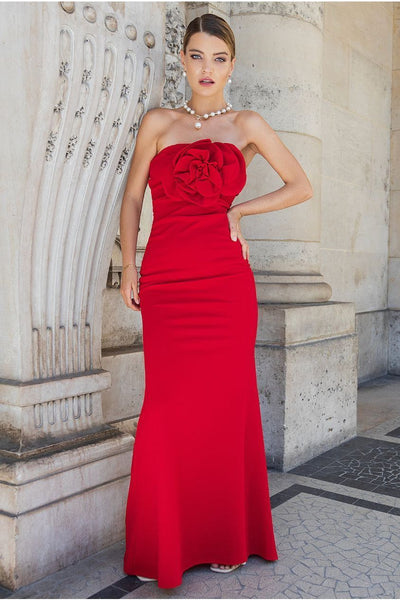 Red - Goddiva Scuba Crepe Bandeau Rose Maxi Dress - Red