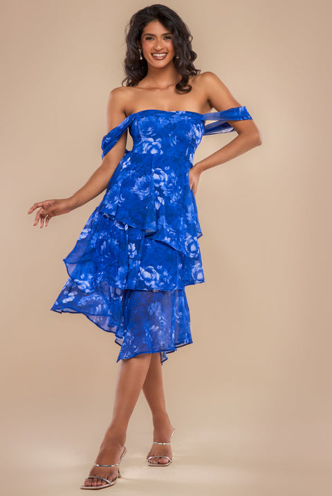 Goddiva Bardot Asymmetric Handkerchief Tier Midaxi - Blue