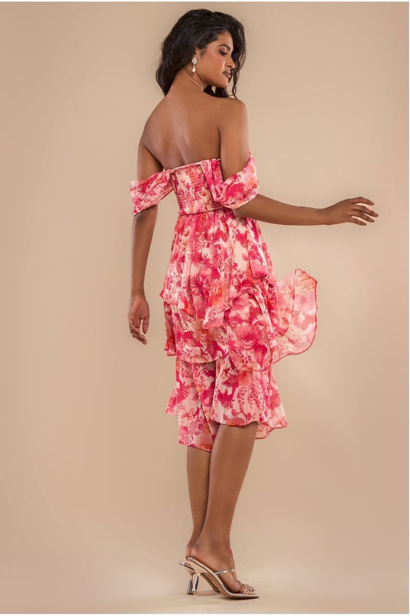 Goddiva Bardot Asymmetric Handkerchief Tier Midaxi - Blush