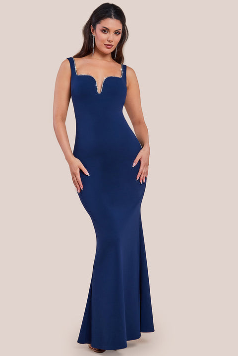 Goddiva Embellished Diamante Trim Square Neck Scuba Maxi Dress - Navy