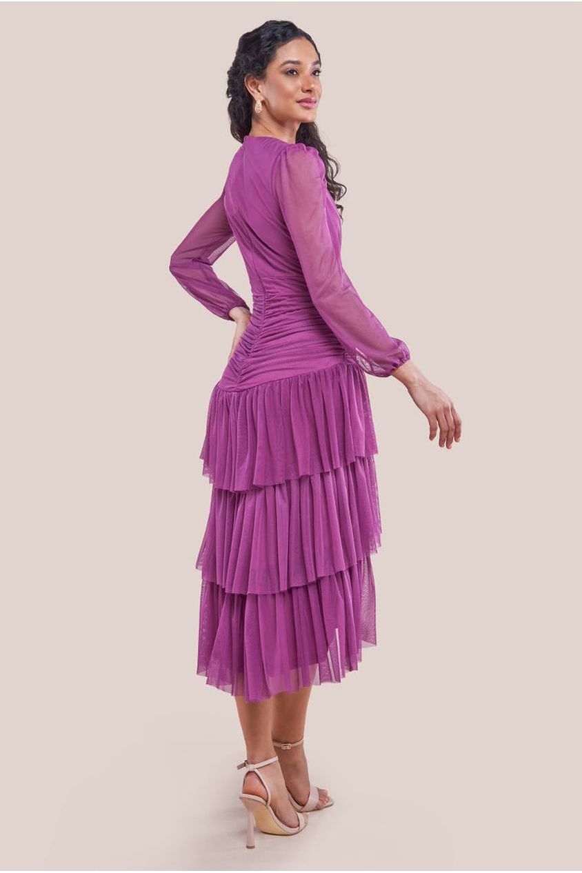 Goddiva Gathered High & Low Tiered Midaxi Dress - Berry