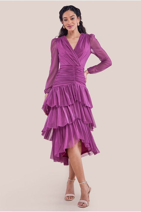 Goddiva Gathered High & Low Tiered Midaxi Dress - Berry