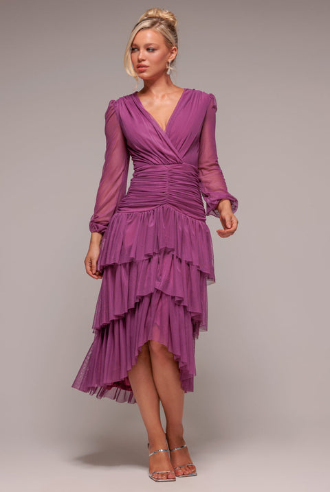 Goddiva Gathered High & Low Tiered Midaxi Dress - Berry