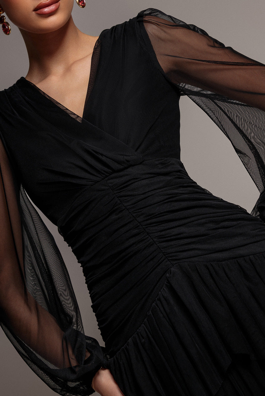 Goddiva Gathered High & Low Tiered Midi Dress - Black