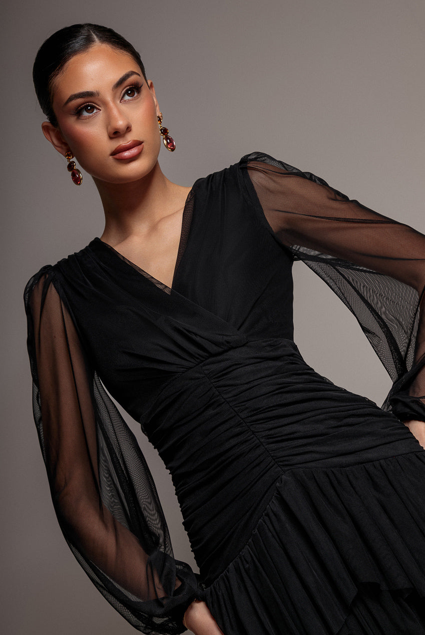 Goddiva Gathered High & Low Tiered Midi Dress - Black