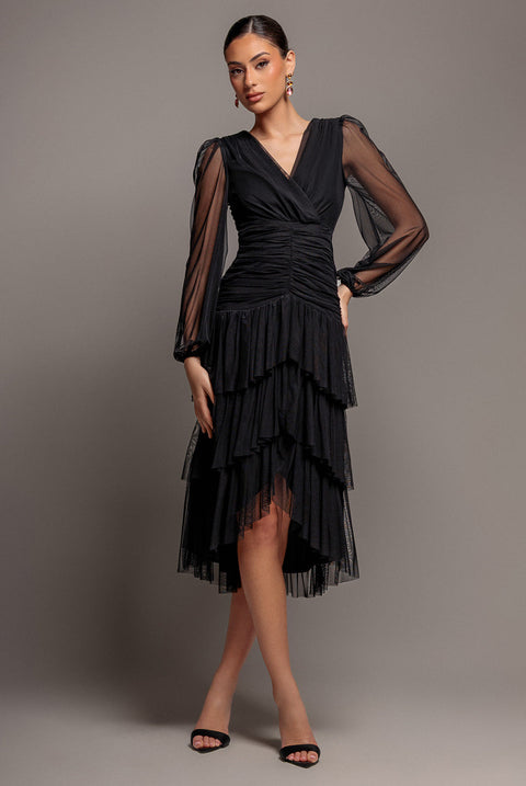 Goddiva Gathered High & Low Tiered Midi Dress - Black