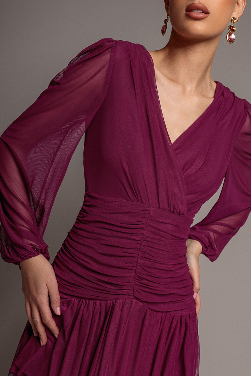 Goddiva Gathered High & Low Tiered Midi Dress - Magenta
