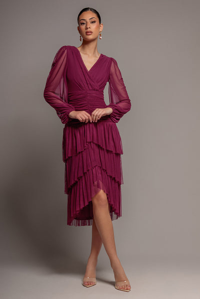 Goddiva Gathered High & Low Tiered Midi Dress - Magenta