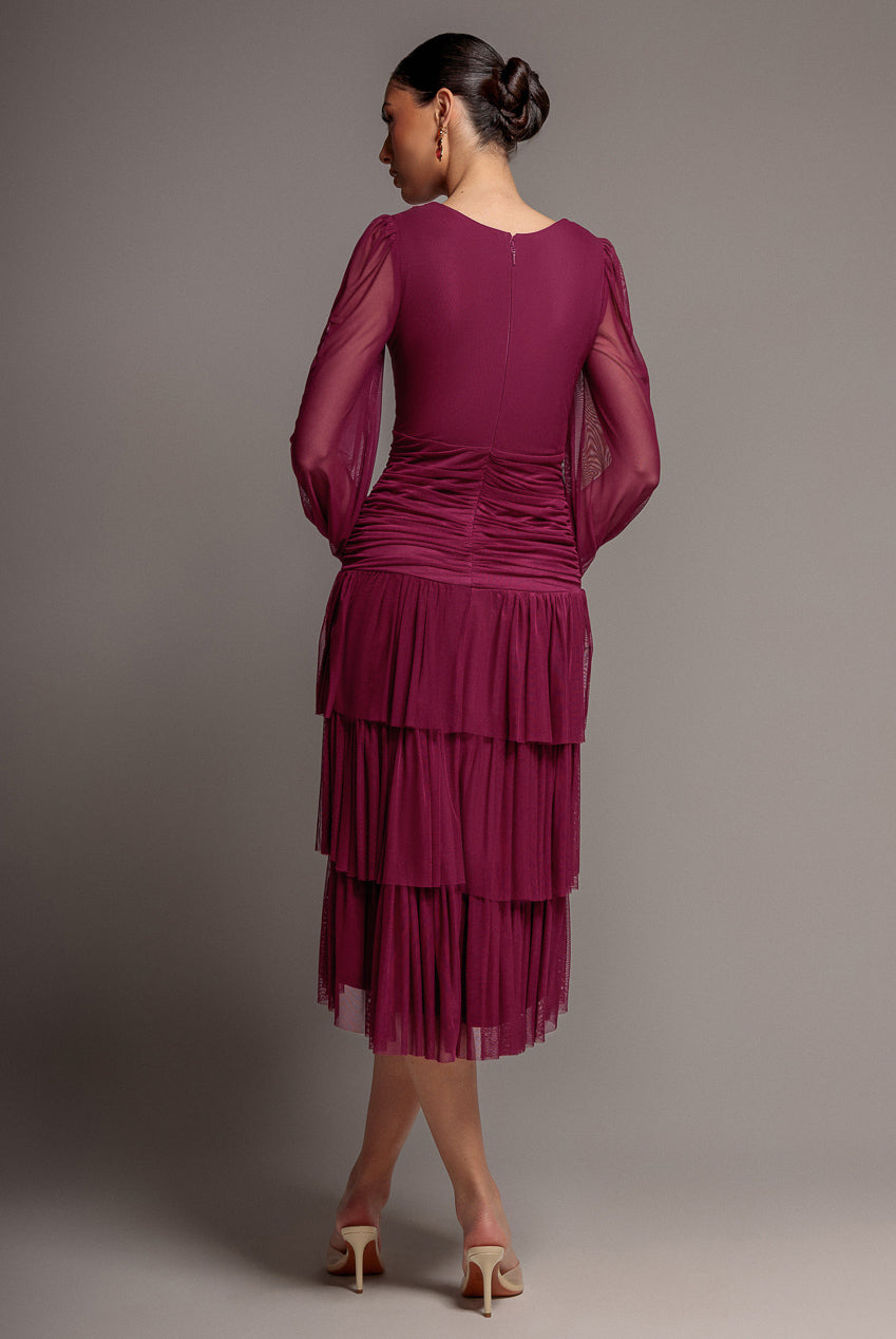Goddiva Gathered High & Low Tiered Midi Dress - Magenta