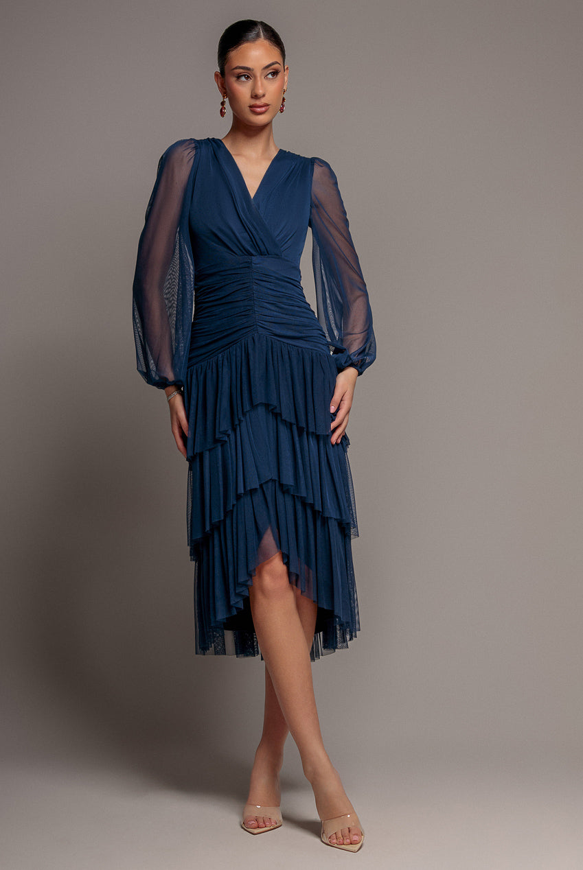 Goddiva Gathered High & Low Tiered Midi Dress - Navy Blue