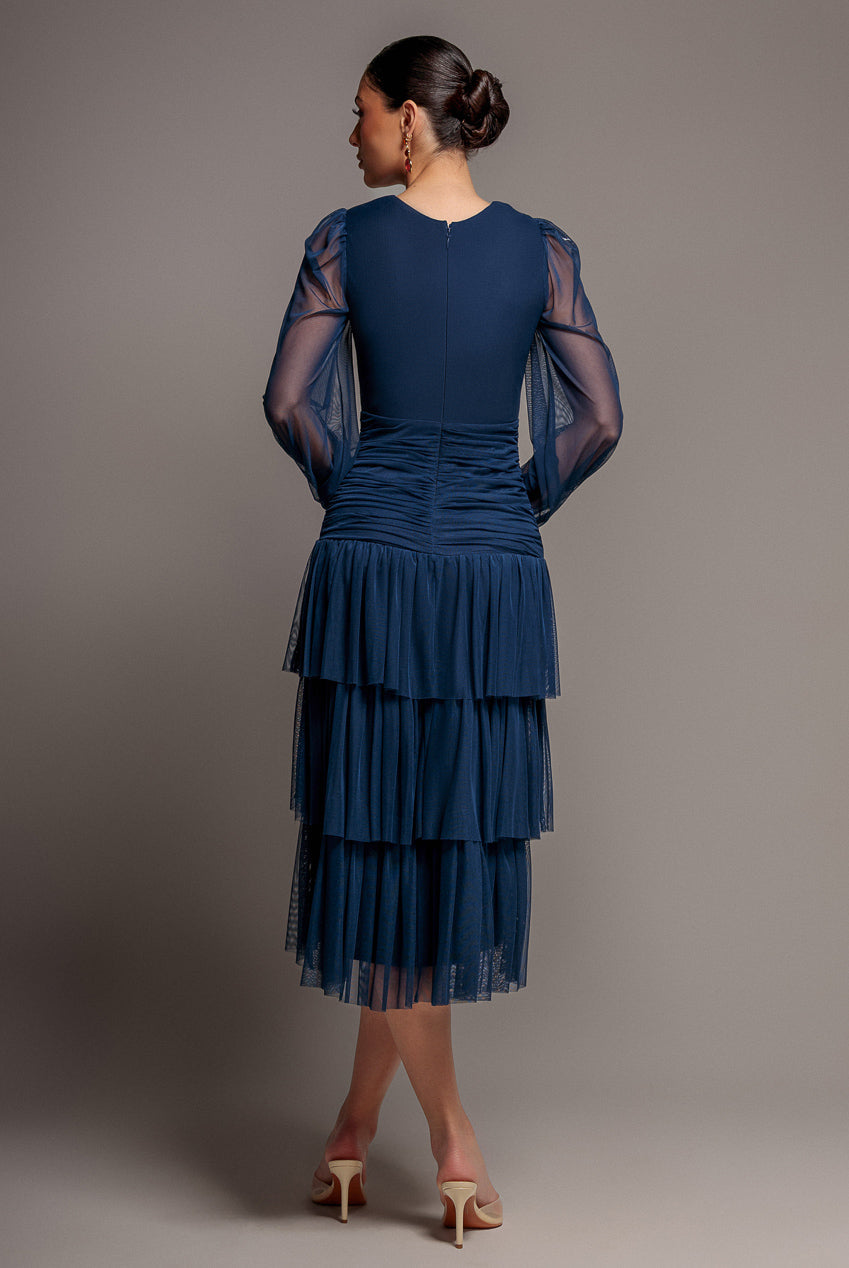 Goddiva Gathered High & Low Tiered Midi Dress - Navy Blue